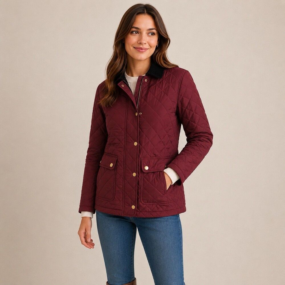 J. Crew 02722 Women’s XS Quilted Barn Jacket Burgundy Corduroy Collar Down Coat